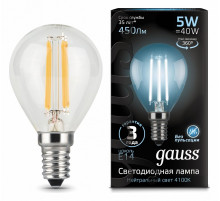 Лампа светодиодная филаментная Gauss E14 5W 4100K прозрачная 105801205
