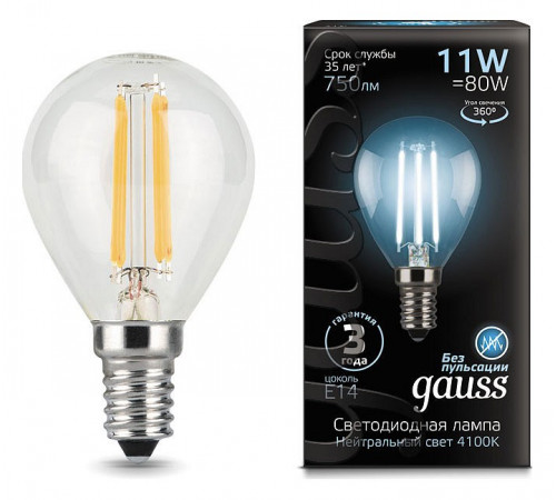 Лампа светодиодная филаментная Gauss E14 11W 4100К прозрачная 105801211 Лампа светодиодная филаментная Gauss E14 11W 4100К прозрачная 105801211