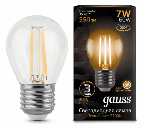 Лампа светодиодная филаментная Gauss E27 7W 2700К прозрачная 105802107 Лампа светодиодная филаментная Gauss E27 7W 2700К прозрачная 105802107