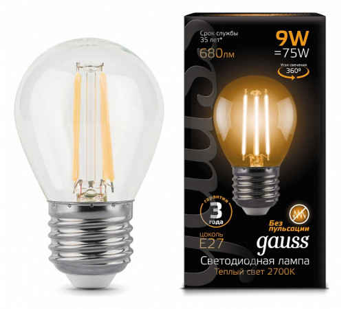 Лампа светодиодная филаментная Gauss E27 9W 2700K прозрачная 105802109 Лампа светодиодная филаментная Gauss E27 9W 2700K прозрачная 105802109