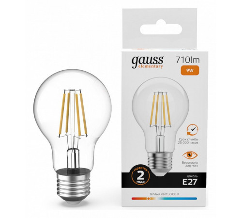 Лампа светодиодная Gauss Filament Elementary E27 9W 2700K 22219 Лампа светодиодная Gauss Filament Elementary E27 9W 2700K 22219