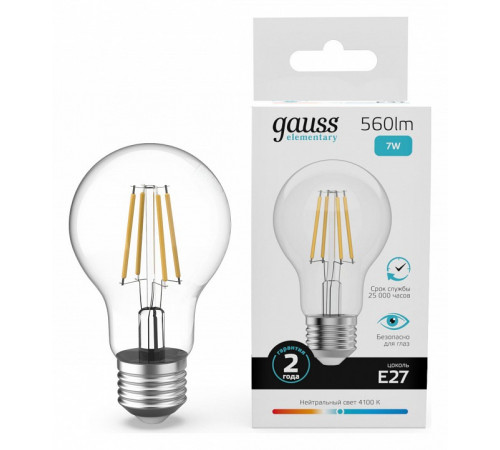 Лампа светодиодная Gauss Filament Elementary E27 7W 4100K 22227 Лампа светодиодная Gauss Filament Elementary E27 7W 4100K 22227