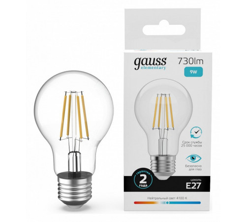 Лампа светодиодная Gauss Filament Elementary E27 9W 4100K 22229 Лампа светодиодная Gauss Filament Elementary E27 9W 4100K 22229