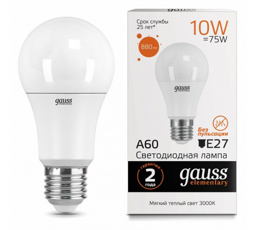 Лампа светодиодная Gauss E27 10W 3000K груша матовая 23210 Лампа светодиодная Gauss E27 10W 3000K груша матовая 23210