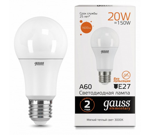 Лампа светодиодная Gauss E27 20W 3000K груша матовая 23219