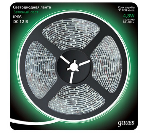 Светодиодная влагозащищенная лента Gauss 4,8W/m 60LED/m 2835SMD зеленый 5M 311000605
