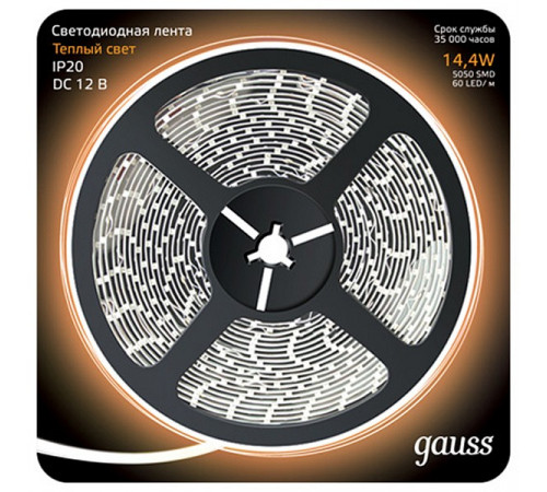 Светодиодная лента Gauss 14,4W/m 60LED/m 5050SMD теплый белый 5M 312000114 Светодиодная лента Gauss 14,4W/m 60LED/m 5050SMD теплый белый 5M 312000114