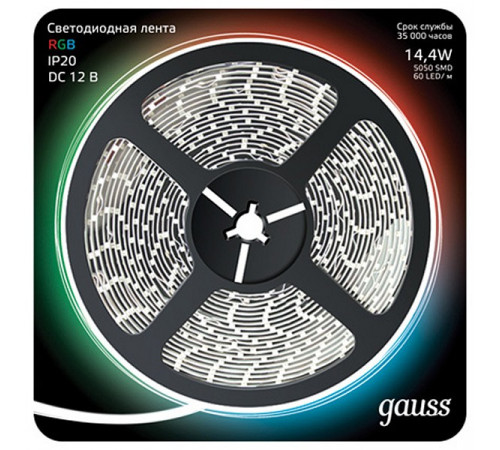 Светодиодная лента Gauss 14,4W/m 60LED/m 5050SMD RGB 5M 312000414 Светодиодная лента Gauss 14,4W/m 60LED/m 5050SMD RGB 5M 312000414