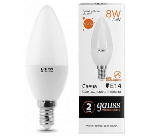 Лампа светодиодная Gauss E14 8W 3000K свеча матовая 33118 Лампа светодиодная Gauss E14 8W 3000K свеча матовая 33118