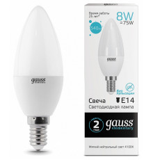 Лампа светодиодная Gauss E14 8W 4100K свеча матовая 33128