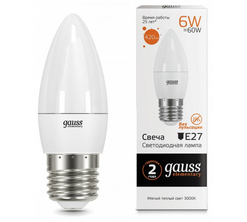 Лампа светодиодная Gauss E27 6W 3000K свеча матовая 33216 Лампа светодиодная Gauss E27 6W 3000K свеча матовая 33216