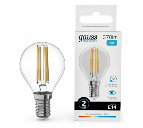 Лампа светодиодная Gauss Filament Elementary E14 10W 4100K 52120 Лампа светодиодная Gauss Filament Elementary E14 10W 4100K 52120