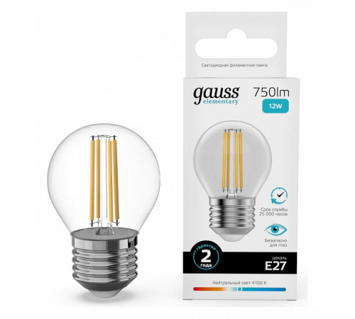 Лампа светодиодная Gauss Filament Elementary E27 12W 4100K 52222 Лампа светодиодная Gauss Filament Elementary E27 12W 4100K 52222