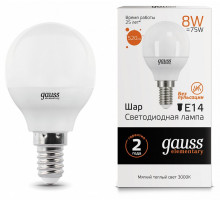 Лампа светодиодная Gauss E14 8W 3000K шар матовый 53118