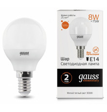 Лампа светодиодная Gauss E14 8W 3000K шар матовый 53118
