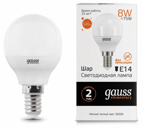 Лампа светодиодная Gauss E14 8W 3000K шар матовый 53118 Лампа светодиодная Gauss E14 8W 3000K шар матовый 53118