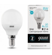 Лампа светодиодная Gauss E14 8W 4100K шар матовый 53128