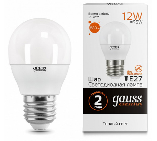 Лампа светодиодная Gauss E27 12W 3000K шар матовый 53212 Лампа светодиодная Gauss E27 12W 3000K шар матовый 53212