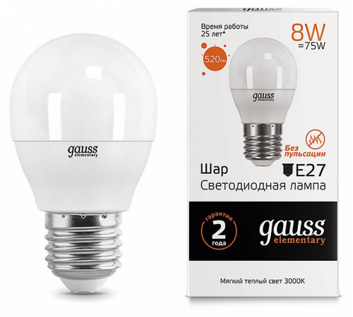 Лампа светодиодная Gauss E27 8W 3000K шар матовый 53218 Лампа светодиодная Gauss E27 8W 3000K шар матовый 53218