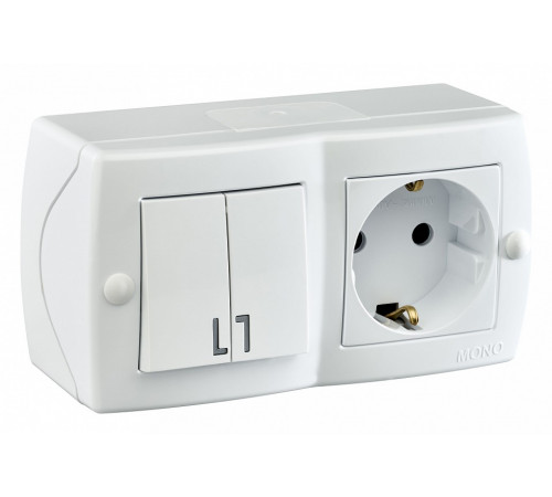 Выключатель двухклавишная + розетка с заземлением Mono Electric Octans IP20 10А 250В белый 104-010101-181 Выключатель двухклавишная + розетка с заземлением Mono Electric Octans IP20 10А 250В белый 104-010101-181