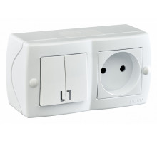 Выключатель двухклавишный + розетка без заземления Mono Electric Octans IP20 10А 250В белый 104-010101-182