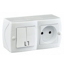 Выключатель двухклавишный + розетка без заземления Mono Electric Octans IP20 10А 250В белый 104-010101-182
