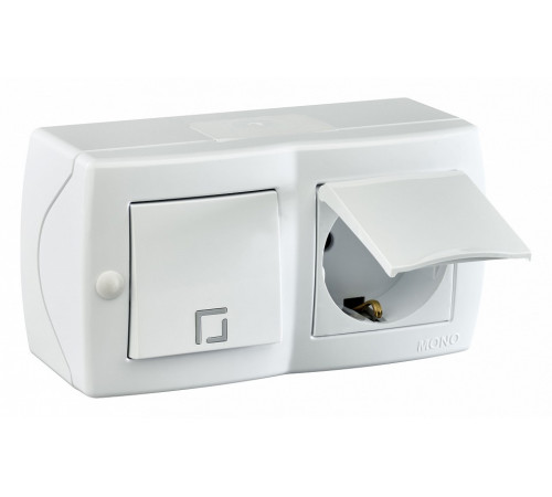 Выключатель одноклавишный + розетка с заземлением и крышкой Mono Electric Octans IP20 10А 250В белый 104-010101-183