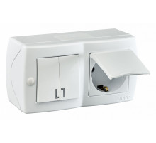 Выключатель двухклавишный + розетка с заземлением и крышкой Mono Electric Octans IP20 10А 250В белый 104-010101-187