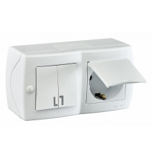 Выключатель двухклавишный + розетка с заземлением и крышкой Mono Electric Octans IP20 10А 250В белый 104-010101-187