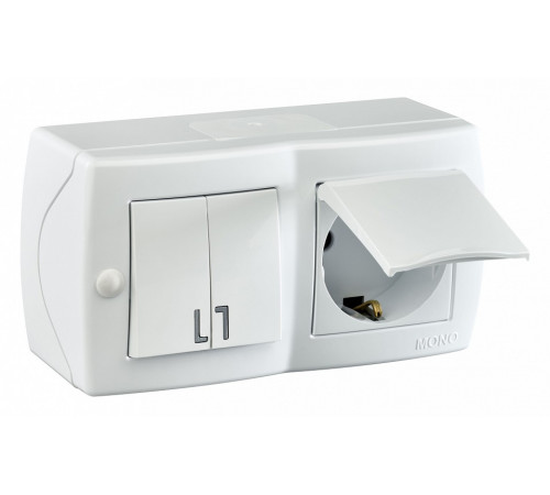 Выключатель двухклавишный + розетка с заземлением и крышкой Mono Electric Octans IP20 10А 250В белый 104-010101-187 Выключатель двухклавишный + розетка с заземлением и крышкой Mono Electric Octans IP20 10А 250В белый 104-010101-187