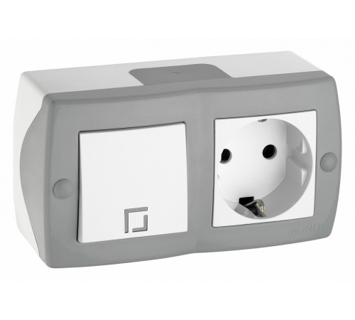 Выключатель одноклавишный + розетка с заземлением Mono Electric Octans IP20 10А 250В бело-серый 104-020001-180 Выключатель одноклавишный + розетка с заземлением Mono Electric Octans IP20 10А 250В бело-серый 104-020001-180