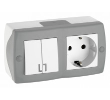 Выключатель двухклавишный + розетка с заземлением Mono Electric Octans IP20 10А 250В бело-серый 104-020001-181