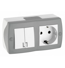 Выключатель двухклавишный + розетка с заземлением Mono Electric Octans IP20 10А 250В бело-серый 104-020001-181