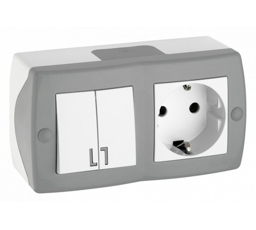Выключатель двухклавишный + розетка с заземлением Mono Electric Octans IP20 10А 250В бело-серый 104-020001-181 Выключатель двухклавишный + розетка с заземлением Mono Electric Octans IP20 10А 250В бело-серый 104-020001-181