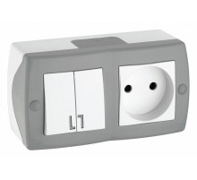 Выключатель двухклавишный + розетка без заземления Mono Electric Octans IP20 10А 250В бело-серый 104-020001-182