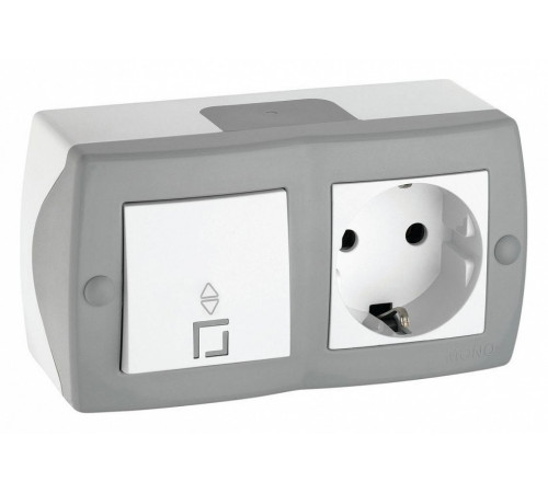 Выключатель одноклавишный проходной + розетка с заземлением Mono Electric Octans IP20 10А 250В бело-серый 104-020001-186