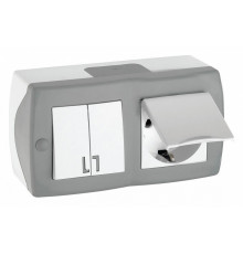 Выключатель двухклавишный + розетка с заземлением и крышкой Mono Electric Octans IP20 10А 250В бело-серый 104-020001-187