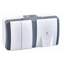 Выключатель двухклавишная + розетка без заземления Mono Electric Octans IP54 16A 250В бело-серый 154-020001-182