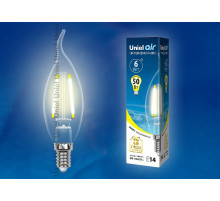 Лампа светодиодная филаментная (UL-00002199) Uniel E14 6W 3000K прозрачная LED-CW35-6W/WW/E14/CL GLA01TR