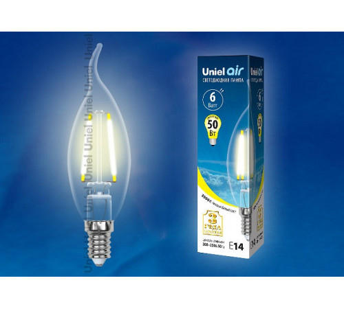 Лампа светодиодная филаментная (UL-00002199) Uniel E14 6W 3000K прозрачная LED-CW35-6W/WW/E14/CL GLA01TR Лампа светодиодная филаментная (UL-00002199) Uniel E14 6W 3000K прозрачная LED-CW35-6W/WW/E14/CL GLA01TR