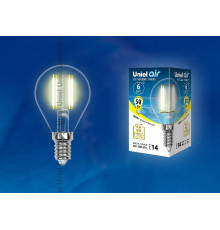 Лампа светодиодная филаментная (UL-00002201) Uniel E14 6W 3000K прозрачная LED-G45-6W/WW/E14/CL GLA01TR