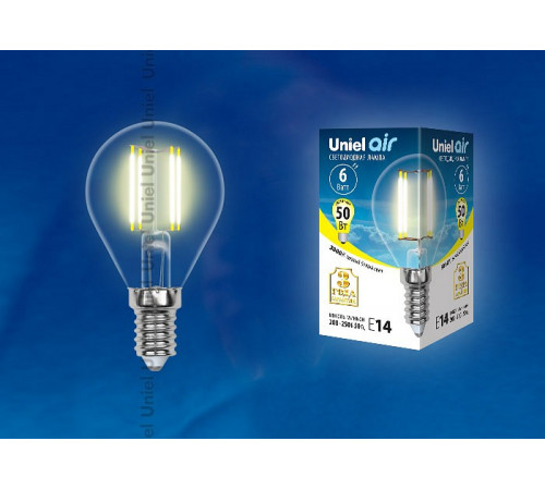 Лампа светодиодная филаментная (UL-00002201) Uniel E14 6W 3000K прозрачная LED-G45-6W/WW/E14/CL GLA01TR