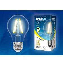 Лампа светодиодная филаментная (UL-00002210) Uniel E27 8W 3000K прозрачная LED-A60-8W/WW/E27/CL GLA01TR