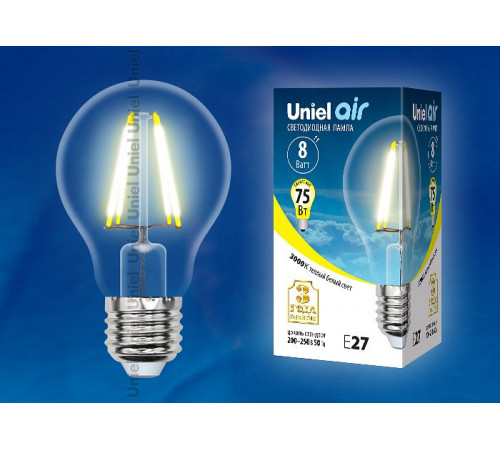 Лампа светодиодная филаментная (UL-00002210) Uniel E27 8W 3000K прозрачная LED-A60-8W/WW/E27/CL GLA01TR Лампа светодиодная филаментная (UL-00002210) Uniel E27 8W 3000K прозрачная LED-A60-8W/WW/E27/CL GLA01TR