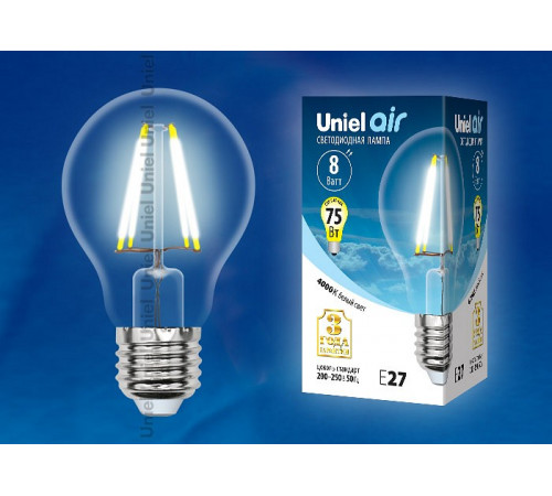 Лампа светодиодная филаментная (UL-00002212) Uniel E27 8W 4000K прозрачная LED-A60-8W/NW/E27/CL GLA01TR Лампа светодиодная филаментная (UL-00002212) Uniel E27 8W 4000K прозрачная LED-A60-8W/NW/E27/CL GLA01TR