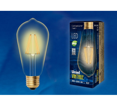Лампа светодиодная филаментная (UL-00002360) Uniel E27 5W 2250K прозрачная LED-ST64-5W/GOLDEN/E27 GLV22GO Лампа светодиодная филаментная (UL-00002360) Uniel E27 5W 2250K прозрачная LED-ST64-5W/GOLDEN/E27 GLV22GO