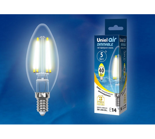 Лампа светодиодная филаментная (UL-00002860) Uniel E14 5W 3000K LED-C35-5W/WW/E14/CL/DIM GLA01TR