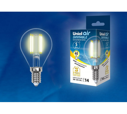 Лампа светодиодная филаментная (UL-00002866) Uniel E14 5W 3000K LED-G45-5W/WW/E14/CL/DIM GLA01TR