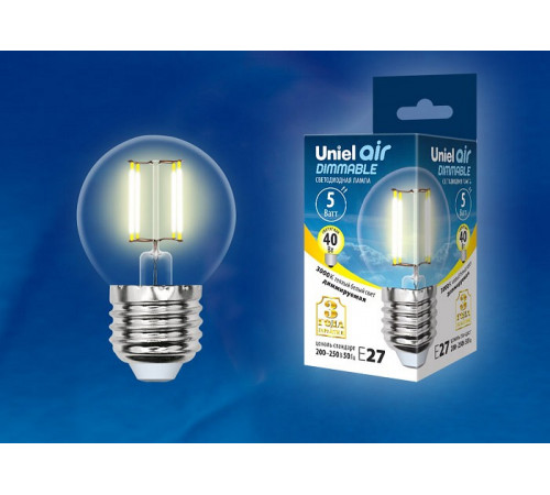 Лампа светодиодная филаментная (UL-00002868) Uniel E27 5W 3000K LED-G45-5W/WW/E27/CL/DIM GLA01TR