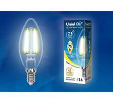 Лампа светодиодная филаментная (UL-00003245) Uniel E14 7,5W 3000K прозрачная LED-C35-7,5W/WW/E14/CL GLA01TR
